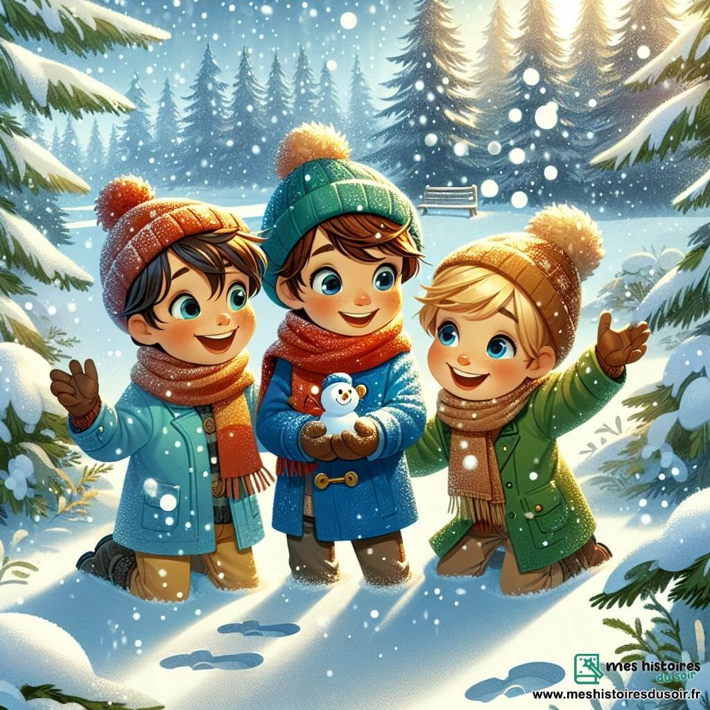 Dans une clairière enneigée, trois amis de neuf ans, Tom, Léo et Lucas, s'amusent à attraper des flocons de neige. Tom, avec un manteau bleu et une écharpe rouge, lève les bras en riant. Léo, en manteau vert et bonnet à pompon, regarde émerveillé les flocons. Lucas, le plus sage, examine des empreintes dans la neige avec curiosité, vêtu d'un manteau jaune et de lunettes rondes. La clairière est entourée de sapins chargés de neige, créant une atmosphère féérique. Les amis sont en chasse aux flocons magiques, tandis qu'un bonhomme de neige les observe, prêt à les aider.
