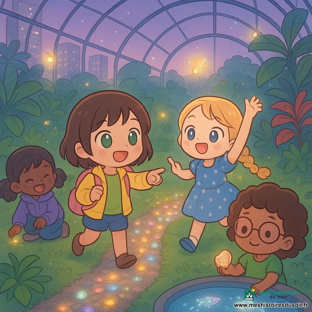Quatre amies explorent le Jardin des Lumières dans une grande serre urbaine vitrée : Léa, fille aux cheveux bruns courts et yeux verts, sourit et indique un chemin de cailloux lumineux ; Zoé, aux longs cheveux blonds tressés en robe bleue à pois, saute en levant la main ; Emma, aux cheveux bouclés châtains et lunettes, tient un coquillage près d’un bassin holographique ; Julie, cheveux noirs en couettes et sweat violet, dépose un caillou coloré en riant. Le lieu présente des murs transparents courbés, des plantes exotiques aux feuilles luisantes, des lucioles holographiques jaune-ambre, un bassin miroir avec poissons holographiques, et un sol recouvert d’un tapis vert moelleux et d’un chemin de petits cailloux scintillants ; l’ambiance est crépuscule doux avec ciel violet pâle filtré par la verrière, style chibi kawaii coloré, traits ronds et éclairage doux.