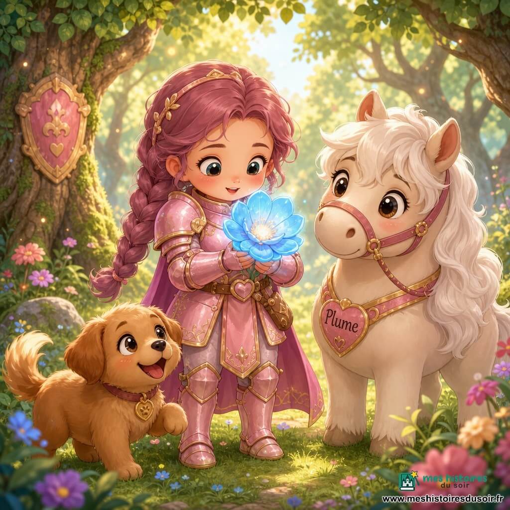 Une chevaleresse souriante et fière en armure rose pâle aux reflets dorés, cheveux mauves en tresse, serre contre sa poitrine une grande fleur bleue lumineuse qu’elle vient de trouver, tandis que son petit cheval potelé nommé Plume, à la crinière blanche et aux yeux doux, la regarde avec affection et qu’un petit chien caramel joyeux remue la queue à ses pieds, le tout dans une clairière forestière d’herbe tendre et mousse, baignée de rayons dorés entre troncs noueux et feuilles rondes, avec quelques fleurs colorées, ambiance chaleureuse, sécurisante, couleurs pastel vives, contours doux et formes arrondies.