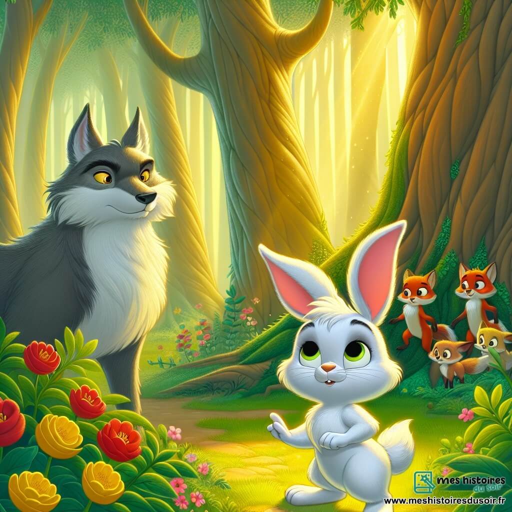 Un petit lapin nommé Oscar, avec de grandes oreilles et un pelage blanc, se tient courageusement devant un grand méchant loup. Oscar, déterminé et prêt à défendre son ami, affiche une expression brave. Le loup, au pelage gris et aux yeux jaunes, semble surpris et curieux, avec une lueur d'hésitation dans son regard. La scène se déroule dans une forêt enchantée, avec des arbres majestueux et des fleurs colorées, créant une atmosphère magique. Oscar défie le loup avec un sourire amical, montrant que l'amitié peut surmonter la peur, tandis que des renards en arrière-plan encouragent leur nouvel ami.