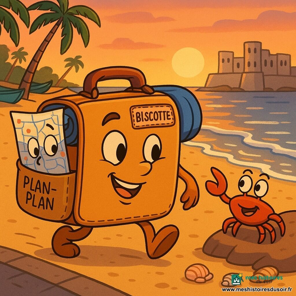 Biscotte, petite valise à roulettes miel en cuir lisse avec une étiquette « Cape Coast », a une allure joyeuse et déterminée; elle roule vers la plage avec une couverture bleue enroulée autour d’elle. Plan-Plan, carte pliée aux lignes bleues et points rouges, curieuse et rassurante, dépasse de la poche extérieure comme un drapeau. Un crabe rouge orangé souriant, perché sur une pierre, indique la mer d’une pince en regardant Biscotte. La plage au crépuscule présente du sable doré, des vagues argentées, des palmiers inclinés, des barques bleues et vertes tirées sur le rivage, des coquillages alignés et, au loin, le château de Cape Coast en pierre claire face à la mer. L’ambiance est chaleureuse et douce, aux couleurs saturées et formes rondes, style dessin animé des années 90.