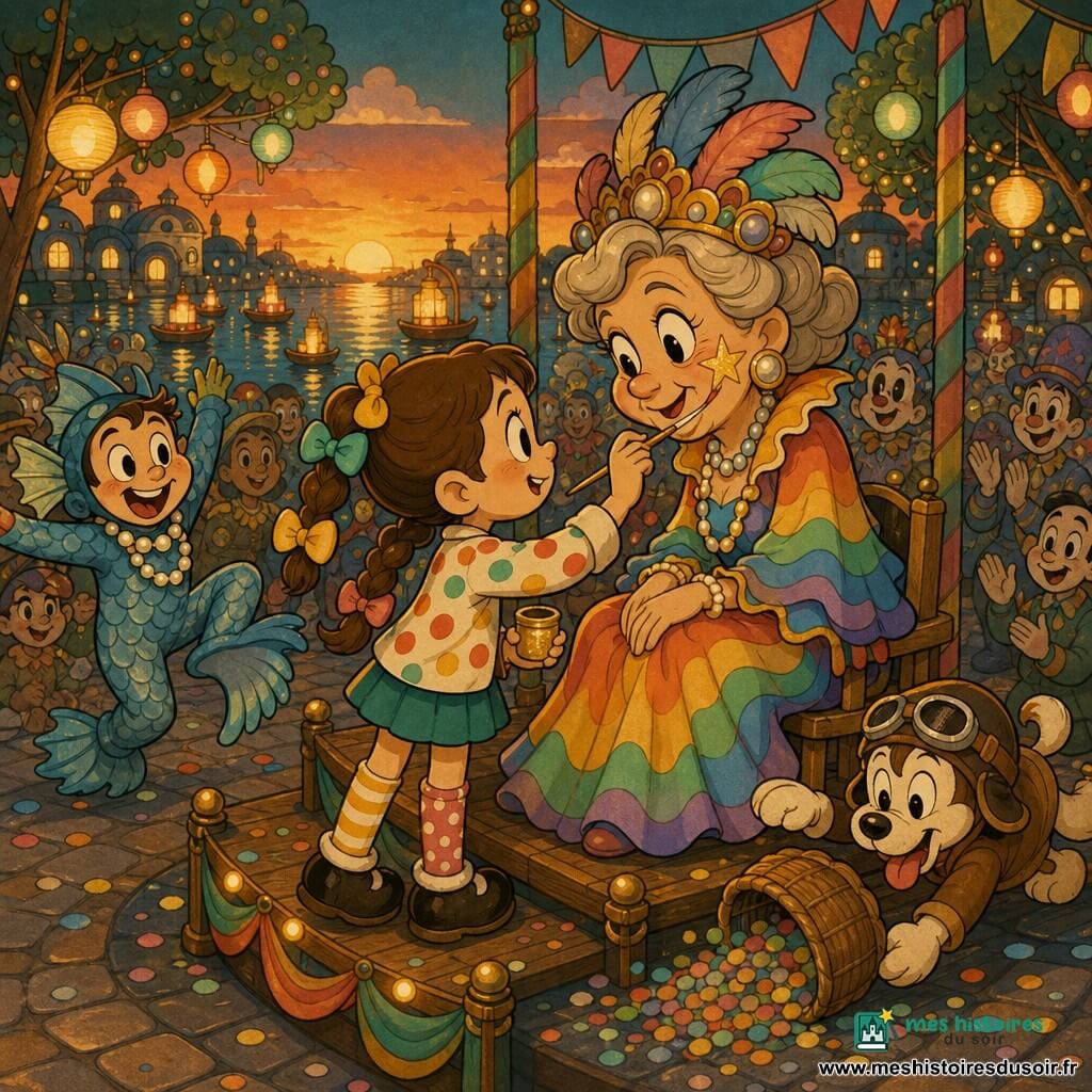Lola, 8 ans, joyeuse et un peu nerveuse, cheveux bruns en tresses ornées de trois rubans, chaussettes dépareillées et veste à pois, peint délicatement une étoile dorée sur la joue gauche de la Maître du Carnaval, une femme d’environ 70 ans au sourire tendre assise sur une estrade en bois sur la place du lac Bleu-Tambour au crépuscule, guirlandes, banderoles et lanternes flottant sur l’eau ; à l’arrière, un garçon de 10 ans déguisé en poisson fait des cabrioles à gauche tandis qu’un petit chien pilote renverse un panier de confettis à droite, des confettis multicolores tourbillonnent, une boîte fermée par un ruban rouge brille sur l’estrade et la foule costumée applaudit ; palette vive (or, bleu turquoise, corail, vert menthe), traits souples, formes arrondies, ombres douces et textures papier/encre pour un look cartoon rétro chaleureux.