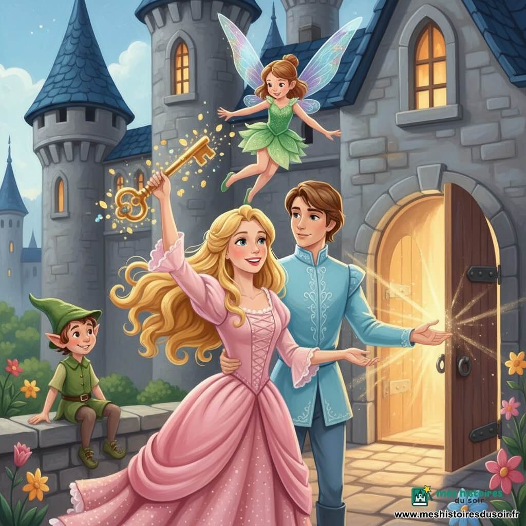 La princesse Aurore, joyeuse, cheveux blonds en boucles et robe rose pâle, tient une clé dorée au-dessus de sa tête; à côté, le prince d’environ 16 ans en costume bleu ciel la regarde tendrement et la soutient; au-dessus vole la petite fée Lumièra en robe verte qui disperse des étincelles dorées autour de la clé; le farfadet Puck, espiègle, est assis sur un rebord de pierre; derrière eux, le château aux tours de pierre laisse échapper une lumière chaude par sa porte entrouverte; la clé vient d’être insérée, des rayons illuminent la cour et font s’ouvrir les fleurs dans une ambiance douce, colorée et lumineuse.