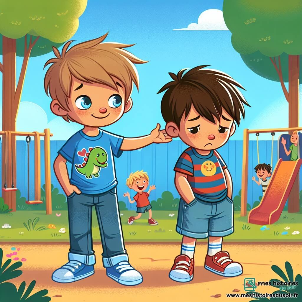 Lucas, un garçon de 6 ans aux cheveux bruns en bataille et aux yeux pétillants, se tient debout avec détermination. Il porte un tee-shirt bleu avec un dinosaure souriant et un pantalon en jean. À ses côtés, Mathis, également âgé de 6 ans, a des cheveux blonds et des yeux tristes, vêtu de baskets rouges usées. Mathis regarde le sol, les mains dans les poches de son short, tandis que Lucas pose une main réconfortante sur son épaule. La scène se déroule dans une cour d'école ensoleillée, entourée d'arbres et d'un mur coloré avec des dessins d'enfants. Au fond, on voit des balançoires et un toboggan. Lucas s'approche de Mathis pour lui offrir son soutien, prêt à le défendre contre les moqueries des autres enfants qui se moquent à distance. L'atmosphère est tendue mais pleine d'espoir, Lucas souhaitant aider son ami à surmonter sa tristesse.