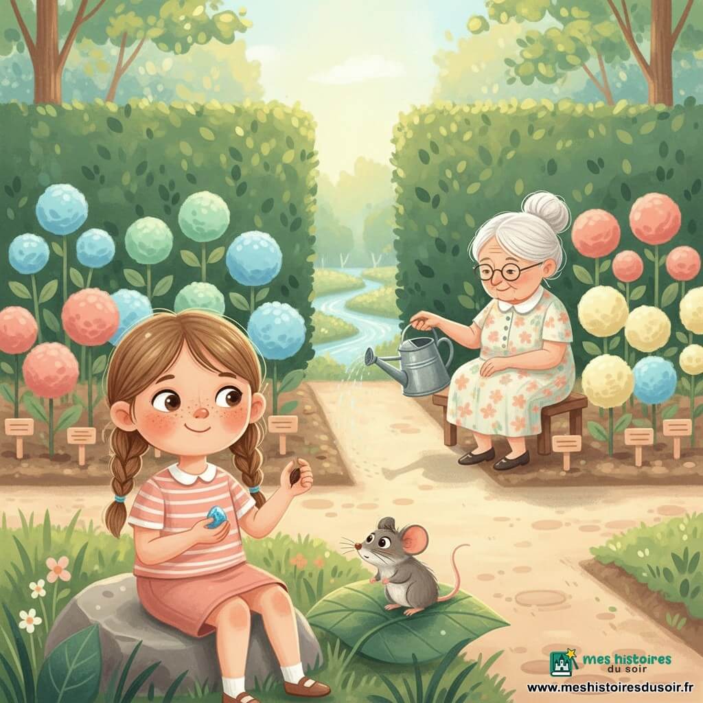 Une fillette de six ans aux taches de rousseur et nattes châtain clair, souriant timidement, tient un petit caillou bleu et une graine, assise sur une pierre au premier plan; à droite, une vieille femme de ~70 ans aux cheveux blancs en chignon arrose des fleurs avec un arrosoir en métal; une petite souris grise curieuse se tient sur une feuille à côté de la fillette. Le jardin secret, dense et coloré, présente haies, plates‑bandes fleuries, allées de terre et un ruisseau scintillant. Lumière douce du matin, textures de gouache visibles, palette pastel vive (bleu ciel, rose saumon, vert menthe, jaune pâle), atmosphère calme et tendre de partage et découverte.