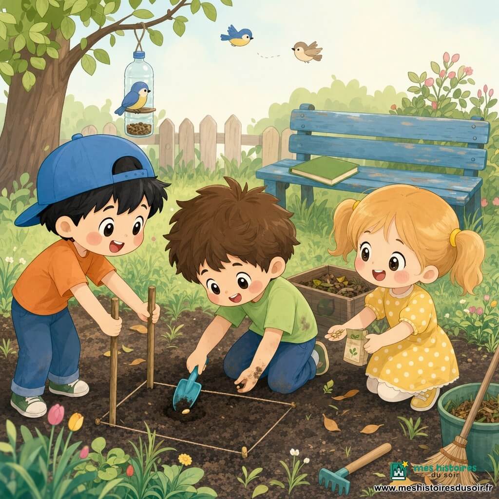 Un groupe d'enfants de six ans plante ensemble dans le petit jardin de l'école : un garçon aux cheveux châtain en bataille, t-shirt vert clair, agenouillé, souriant et plantant une graine avec une mini pelle ; à sa droite Zoé, cheveux blonds en couettes, robe jaune à pois, tenant un paquet de graines ; à gauche Sam, casquette bleue et t-shirt orange, place deux bâtons pour délimiter un carré ; sol sombre, touffes d'herbe, quelques fleurs en boutons, feuilles tombées, un vieux banc bleu avec un livre intitulé Petits gestes pour la planète, un bac à compost, quelques oiseaux stylisés en arrière-plan et une mangeoire faite d'une bouteille recyclée accrochée à une branche ; lumière douce du matin, ambiance chaleureuse, sourires et petites mains terreuses.