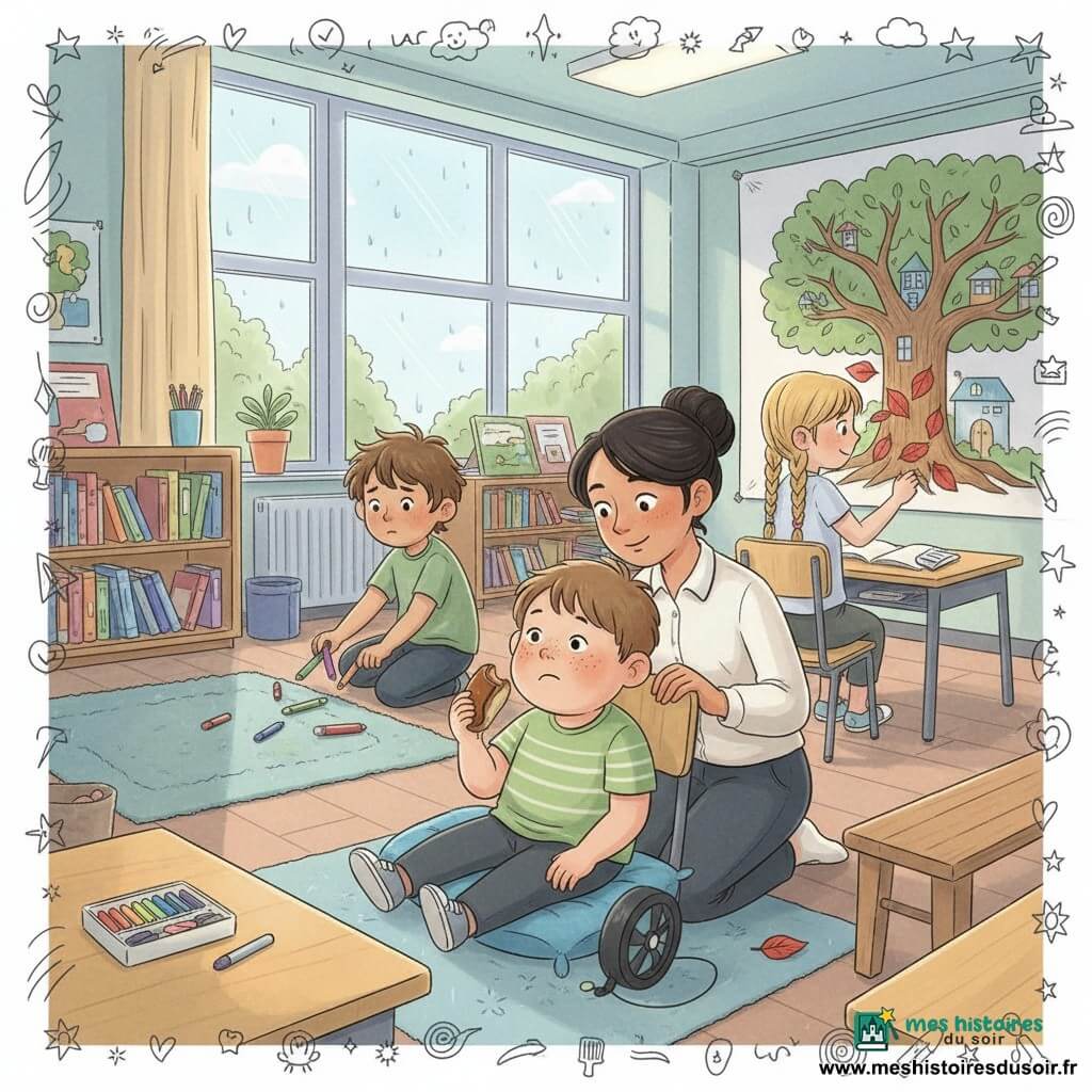 Un garçon de 8 ans au visage rond et taches de rousseur, cheveux châtains courts, assis dans un coin calme de la classe sur un coussin bleu, tenant un petit pain au chocolat et posant l’autre main sur sa petite roue électrique noire, la maîtresse d’environ 35 ans aux cheveux en chignon et blouse claire agenouillée près de lui, souriante et la main sur le dossier d’une chaise, Tom, garçon de 8 ans aux cheveux bruns en bataille, légèrement gêné, ramassant des feutres à l’arrière, et Émilie, fille de 8 ans à tresses blondes, collant des feuilles rouges à une table voisine en regardant la scène avec bienveillance; la salle lumineuse aux grandes fenêtres perlées de pluie, étagères de livres colorés, boîte de craies multicolores, grande fresque d’un chêne avec maisons, banc en bois et tapis moelleux près de la bibliothèque; moment de pause doux et respectueux où l’enfant se repose dans un coin cosy entouré d’attention, atmosphère chaleureuse aux tons pastel (bleu ciel, vert doux, jaune pâle) et petits doodles de feuilles et étoiles.