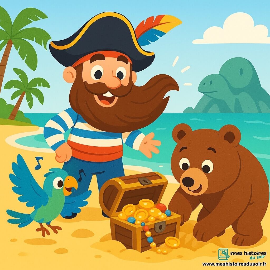 Un homme pirate, le Capitaine Barbe Rêveuse, se tient sur une plage dorée, avec une grande barbe brune flottant dans le vent. Il sourit, portant un chapeau de pirate orné d'une plume colorée et une chemise rayée. À ses côtés, un petit perroquet nommé Coco, aux plumes vibrantes de bleu et de vert, bat des ailes joyeusement. Un gros ourson marin, Oursin, avec un pelage brun, creuse dans le sable à la recherche d'un trésor. La scène se déroule sur une plage ensoleillée, entourée de palmiers et d'une mer turquoise. Ils découvrent un coffre ancien rempli de pièces d'or et de bijoux colorés, exprimant leur joie face à cette découverte.