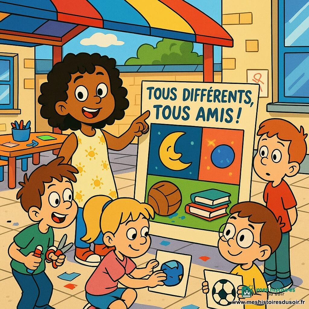Dans la cour d'école ensoleillée, une affiche intitulée « Tous différents, tous amis ! » est entourée par des enfants : Aïcha, 6 ans, peau caramel, cheveux bouclés, présente fièrement sa lune dessinée; à sa droite Léo, 6 ans, cheveux châtains et lunettes, tient un dessin de ballon de foot et l'admire; à gauche Zoé, 6 ans, queue-de-cheval blonde, colle un dessin de livres en souriant; derrière Aïcha Tom, 6 ans, cheveux bruns, tient ciseaux et colle, enthousiaste; un peu à l'écart Maxime, 7 ans, cheveux roux, observe curieux; autour, tables, pots de crayons, feuilles et murs couverts de dessins forment une atmosphère chaleureuse et lumineuse.
