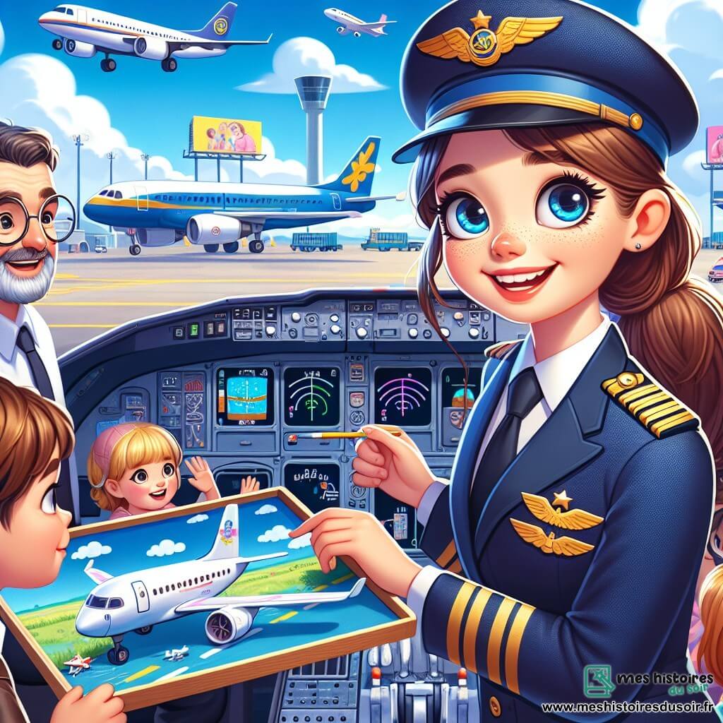 Capitaine Clara, pilote d'avion souriante et dynamique, porte un uniforme bleu marine et une casquette avec un insigne doré. Ses cheveux bruns sont en queue de cheval et elle montre aux enfants le cockpit d'un avion. À ses côtés, M. Bernard, un homme d'une cinquantaine d'années avec des lunettes rondes et une barbe grise, observe avec fierté les enfants tout en expliquant le fonctionnement des avions. Les enfants, un groupe de cinq, sont émerveillés : Emma, une petite fille blonde, lève la main avec un grand sourire, tandis que Louis, un garçon brun d'environ 8 ans, regarde avec des yeux écarquillés, tenant un modèle réduit d'avion. La scène se déroule à l'aéroport, avec des avions colorés sur le tarmac et un ciel bleu parsemé de nuages. Capitaine Clara présente le cockpit aux enfants, leur expliquant comment piloter un avion, tandis qu'ils écoutent attentivement et posent des questions.