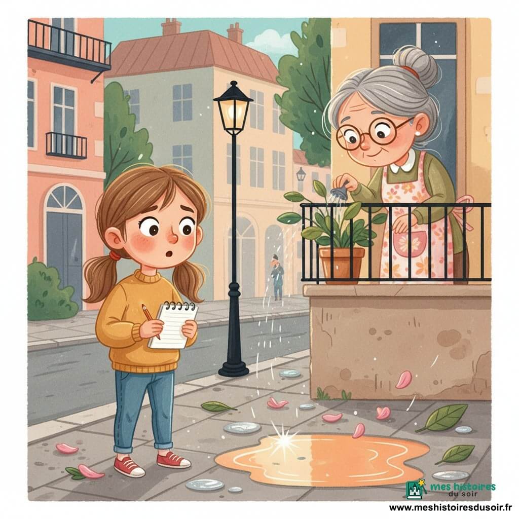 Lina, 8 ans, curieuse et déterminée, tient un petit carnet à spirale blanc et un crayon, cheveux châtain clair en deux couettes, grands yeux attentifs, pull jaune moutarde et jean, debout sur le trottoir près d’une flaque brillante qu’elle observe et note; Mamie, ~65 ans, cheveux gris en chignon tressé, souriante et bienveillante, lunettes rondes et tablier à fleurs, arrose une plante sur le balcon au-dessus; trottoir parsemé de petites touches de peinture, pétales roses, feuilles froissées et reflets argentés, la flaque reflète le ciel orangé du soir; arrière-plan : rue urbaine calme au crépuscule, façades pastel, lampadaires éteints, silhouettes d’arbres, atmosphère tiède; style gouache à textures visibles, traits doux, couleurs chaudes (orange, rose, jaune, vert) et détails enfantins simples.
