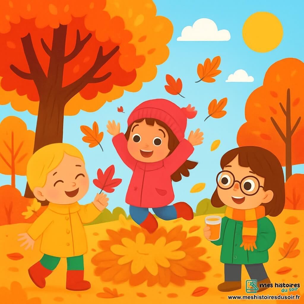 Trois personnages sont présents : Emma, une fille de 6 ans aux cheveux bruns, portant un manteau rose vif et un bonnet assorti, qui saute dans un tas de feuilles dorées ; Léna, avec des cheveux blonds en tresses, vêtue d'un manteau jaune et de bottes rouges, qui ramasse une feuille rouge en souriant ; et Zoé, avec des cheveux châtains et des lunettes, habillée d'un manteau vert et d'une écharpe à rayures, tenant un verre de jus de pomme et regardant ses amies avec joie. L'environnement est un parc d'automne, avec des arbres aux feuilles rouge, orange et jaune, un sol tapissé de feuilles croustillantes, et un grand chêne au centre. Le ciel est bleu clair avec des nuages blancs et le soleil brille. Les trois amies s'amusent ensemble, riant et jouant dans les feuilles, créant des souvenirs joyeux d'une belle journée d'automne.