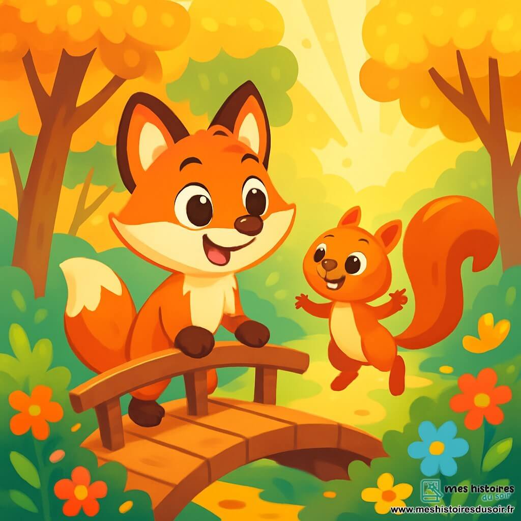 Un renard aux yeux pétillants et à la fourrure rousse, nommé Rémy, se tient sur un vieux pont de bois avec un sourire espiègle. Il admire la vallée des merveilles devant lui. À ses côtés, un écureuil nommé Spark saute joyeusement, curieux. La scène se déroule dans une forêt enchantée avec des arbres aux feuilles dorées et des fleurs colorées. Des rayons de soleil filtrent à travers les branches, créant une atmosphère magique. Rémy et Spark sont prêts à traverser le pont magique pour explorer la vallée pleine de couleurs et de surprises.