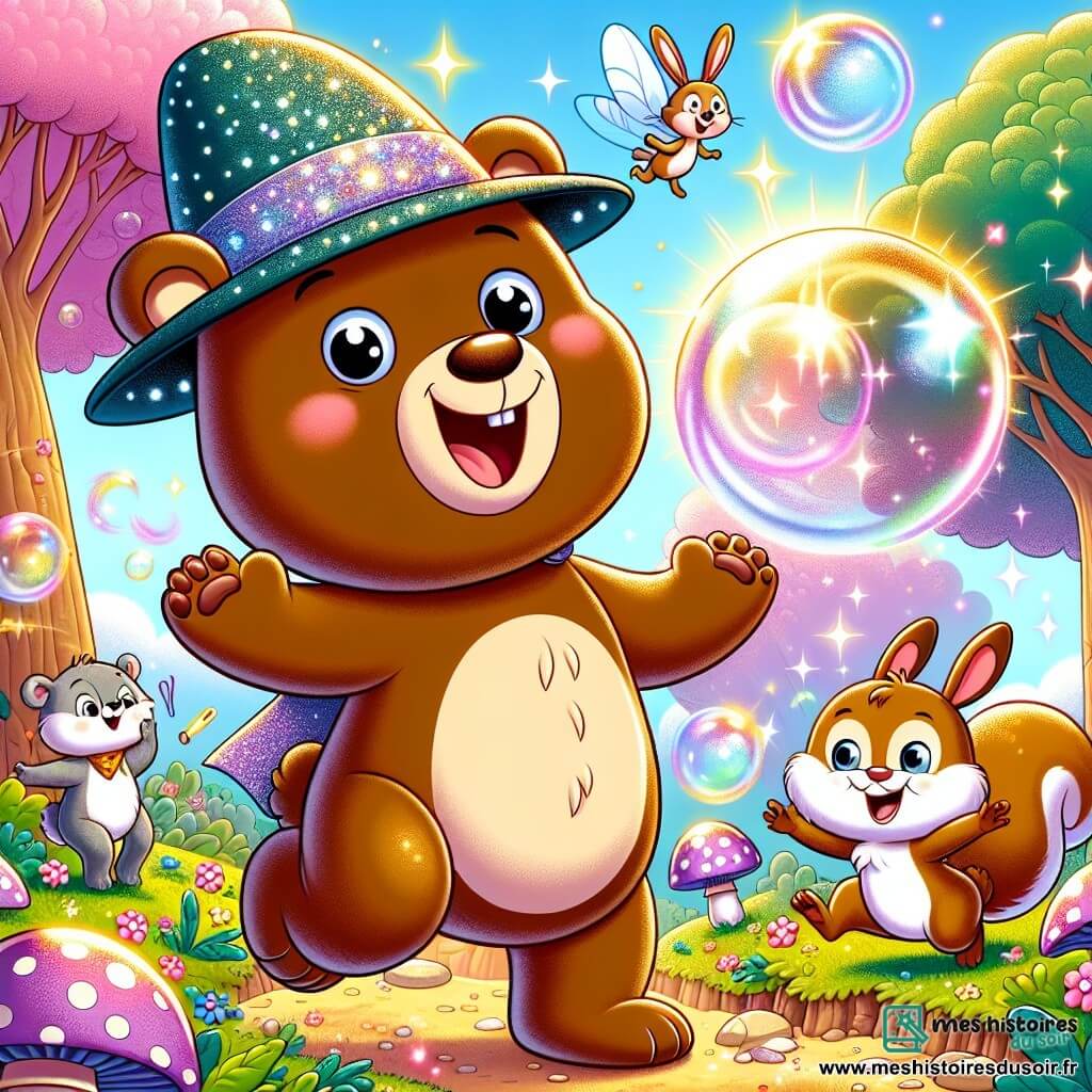 Un ours joyeux nommé Albert, avec un pelage brun et des yeux pétillants, porte un chapeau magique en paillettes qui brille au soleil. Il rit, entouré de bulles de savon géantes. À ses côtés, un petit lapin nommé René saute de joie, son visage rayonnant d'excitation. Un écureuil curieux, perché sur une branche, observe la scène avec un grand sourire. La scène se déroule dans la forêt des Rires, où les arbres sont roses et les fleurs bleu ciel. Albert fait éclater de grandes bulles de savon, tandis que ses amis animaux s'amusent autour de lui, créant une atmosphère de joie et de magie.