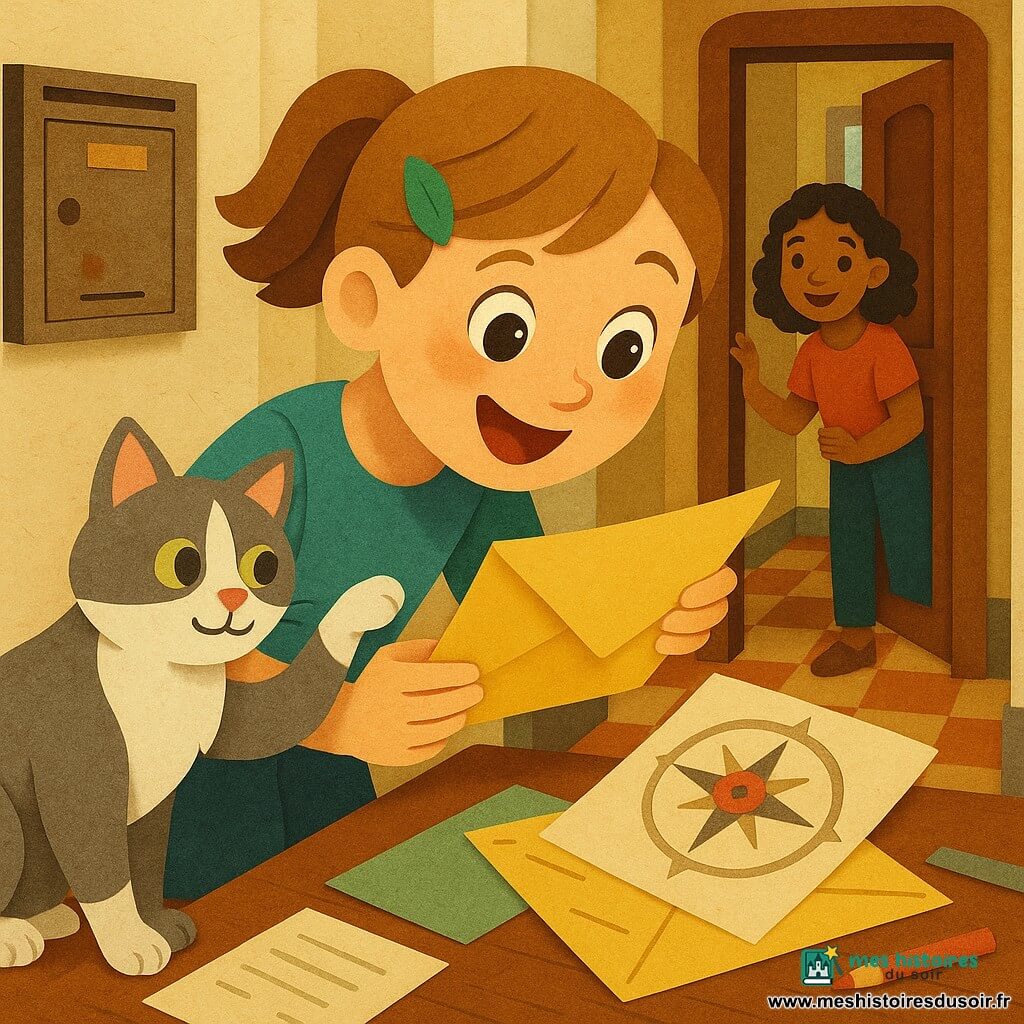 Lina, 10 ans, souriante et curieuse, tient une enveloppe jaune ouverte tandis que le chat gris et blanc Mousse lève la patte; la voisine Inès, aussi âgée d'environ 10 ans, rit dans l'encadrement de la porte; on voit le hall d'un immeuble ancien (murs crème, boîtes aux lettres métalliques, carrelage en damier) et le moment où Lina découvre une carte avec le dessin d'une boussole et un petit bouton rond rouge posé sur sa paume, des papiers et crayons épars suggérant une aventure, le tout aux couleurs vives et aux ombres douces style papier découpé.