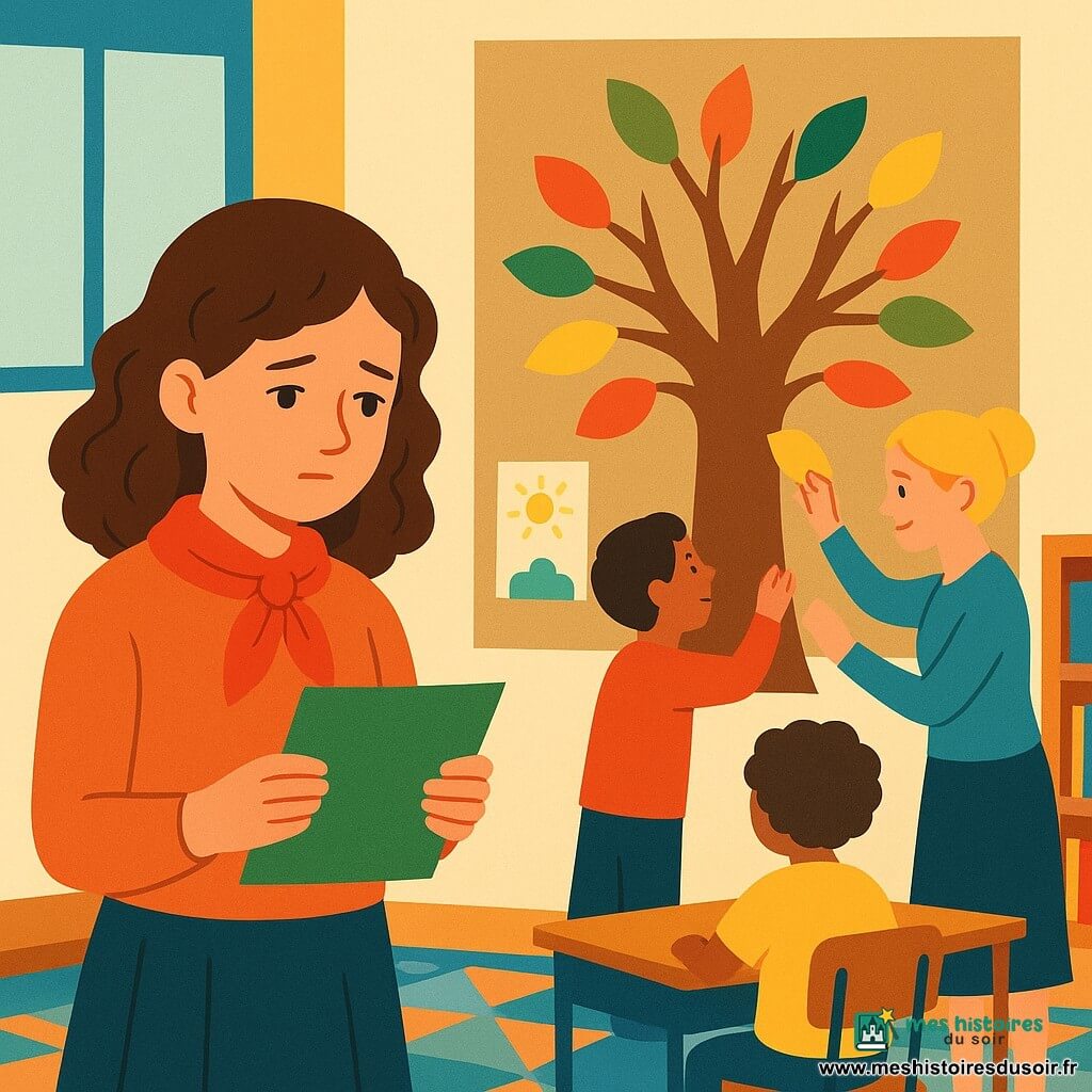 Lina, une fille de 10 ans aux cheveux bruns et bouclés, porte un foulard rouge et tient une feuille de papier vert. Elle se tient devant un arbre en papier kraft fixé au mur de la classe. À côté, Mme Caron, une femme d'une quarantaine d'années, aide un autre enfant. La salle de classe est lumineuse, décorée de dessins et de livres colorés, avec un sol en tapis à motifs. Lina ajoute sa feuille à l'arbre des souvenirs, entourée de ses camarades partageant leurs histoires.