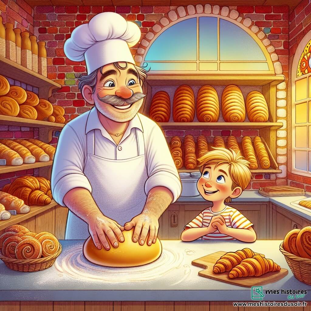 Marcel, un homme souriant aux yeux pétillants, est debout derrière un grand comptoir en bois, portant une toque blanche et un tablier farci de farine. Il pétrit une boule de pâte dorée, les mains couvertes de farine. À ses côtés, Léo, un petit garçon de 8 ans aux cheveux blonds, observe avec fascination, les mains sur le comptoir. La boulangerie, chaleureuse avec des murs en briques rouges, est remplie de pains, croissants et pâtisseries. Marcel montre à Léo comment pétrir la pâte, partageant un moment de complicité joyeuse au cœur de la boulangerie.