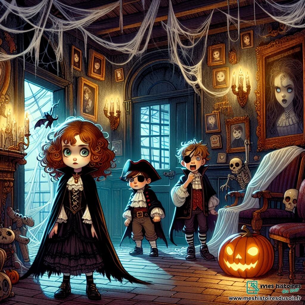 Élise, 12 ans, avec des cheveux châtains bouclés et des yeux curieux, se tient au centre d'une maison hantée en costume de vampire. Elle affiche une expression de bravoure et d'excitation, prête à explorer. À ses côtés, Max, son meilleur ami déguisé en pirate, regarde autour de lui avec appréhension et enthousiasme. Poupette, 11 ans, déguisée en chat noir, se tient en retrait avec une expression de peur. La scène se déroule dans une maison ancienne et sombre, ornée de portraits et de meubles recouverts de draps blancs, avec des toiles d'araignées et une lumière vacillante d'une citrouille illuminée. Ils se préparent à entrer dans le couloir des ombres, un passage où des illusions effrayantes prennent vie, dans une atmosphère de mystère et d'aventure.