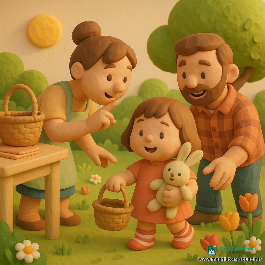 Une fillette de 2 ans, joyeuse et curieuse, joues rondes, cheveux châtain courts, porte des chaussettes rayées rouges et blanches, tient un doudou lapin beige et un petit panier en osier; la maman d'une trentaine d'années, souriante, cheveux en chignon et tablier pastel, est près d'une table en bois en montrant le jardin; le papa, environ 32 ans, barbe légère et chemise à carreaux, se tient derrière, main vers le panier; le jardin baigné de lumière dorée présente une pelouse verte, fleurs colorées, buissons et un grand arbre; sur la table un panier vide et des serviettes; la fillette cherche des œufs de Pâques cachés parmi les fleurs, scène joyeuse et calme, couleurs vives et composition simple.