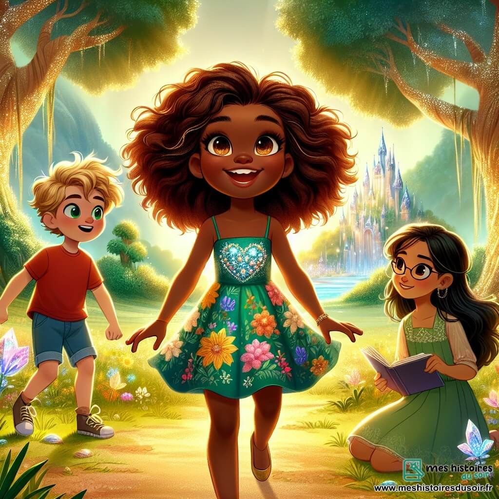 Au centre de l'image, Lila, une fillette de 10 ans, sourit avec excitation. Elle a des cheveux bouclés châtaigne, des yeux curieux et porte une robe colorée à motifs floraux. Elle tient un cristal scintillant. À sa gauche, Max, un garçon de 9 ans aux cheveux blonds, saute de joie en t-shirt rouge et short bleu. À sa droite, Clara, une fille de 9 ans avec des cheveux bruns, porte une robe verte et observe Lila avec un carnet de dessin. Le décor est une clairière enchantée entourée d'arbres majestueux, avec un château de cristal en arrière-plan. Lila, Max et Clara célèbrent leur victoire après avoir retrouvé le cristal magique, prêts pour de nouvelles aventures.