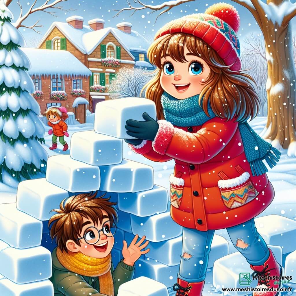 Une fille de 11 ans, Louise, construit un igloo dans un jardin enneigé. Elle a de longs cheveux châtains, des yeux curieux, porte un manteau rouge, une écharpe bleue et des bottes noires, et sourit en empilant des blocs de neige. À ses côtés, son ami Maxime, également âgé de 11 ans, avec des cheveux bruns en bataille et des lunettes rondes, rit en essayant de soulever un gros bloc de neige. Il est vêtu d'une veste verte et d'un bonnet jaune. Le jardin est paisible, bordé d'arbres chargés de neige, avec des maisons colorées en arrière-plan. Louise et Maxime sont absorbés dans la construction de leur igloo, entourés par la magie de l'hiver.