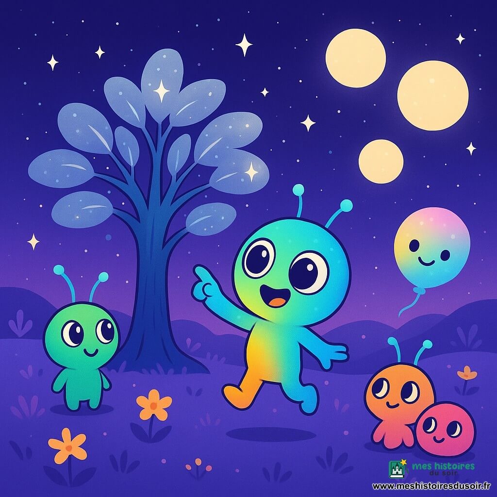 Un petit extraterrestre nommé Pico, avec une peau changeante en couleurs vives, saute de joie sur un sol d'herbe violette. Ses grands yeux brillent d'excitation alors qu'il montre un arbre aux feuilles argentées qui scintillent sous la lumière des trois lunes. À côté de lui, Bloop, un ballon de lumière flottant, émet un doux tintement et affiche une expression joyeuse. Plus loin, Zola, une petite créature extraterrestre, sourit avec émerveillement, tandis que ses amis Riki et Fifi l'observent avec fascination. Le lieu est un paysage féerique de Zibulon, rempli de collines ondulantes et de fleurs lumineuses, où les étoiles semblent danser. Pico et ses amis découvrent l'arbre magique qui raconte des histoires, créant un moment de partage sous le ciel scintillant.
