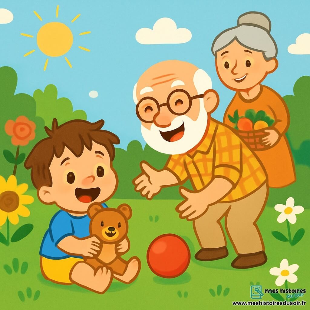 Un petit garçon de 2 ans, avec des cheveux bruns en désordre et des yeux pétillants, est assis dans l'herbe du jardin. Il porte un t-shirt bleu et un short jaune, souriant tout en tenant son doudou en forme d'ours. À côté de lui, Papi, un homme âgé avec une barbe blanche et des lunettes rondes, lui lance un ballon rouge, riant joyeusement. Mamie, une femme souriante avec des cheveux gris en chignon, tient un panier de fruits colorés. Le jardin est rempli de fleurs éclatantes sous un ciel bleu clair et ensoleillé. Le petit garçon est émerveillé par le ballon qui roule vers lui.