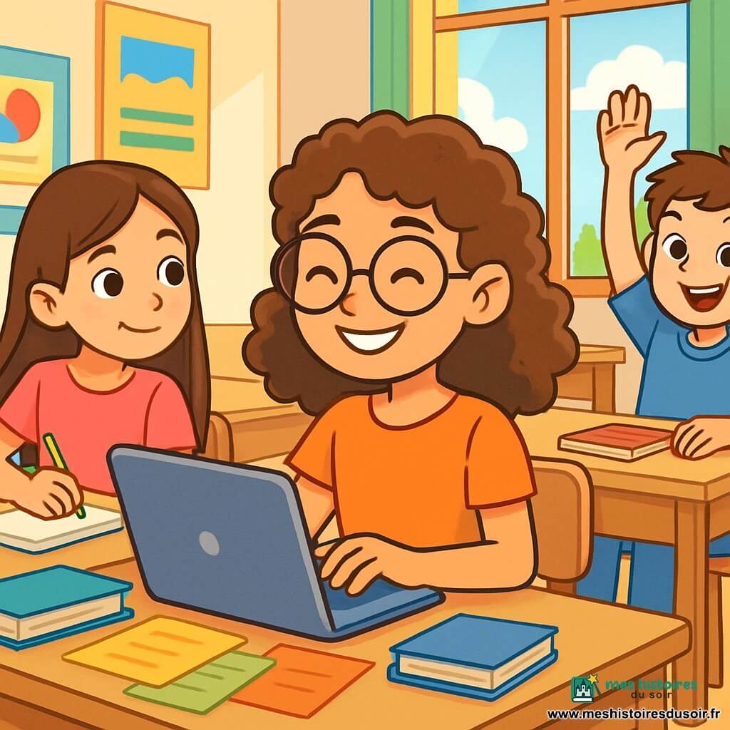 Livia, une fille de 12 ans aux cheveux châtains bouclés et lunettes rondes, sourit en tapant sur son ordinateur portable à un bureau en bois dans une salle de classe lumineuse. À côté d'elle, Inès, également âgée de 12 ans avec des cheveux longs et lisses, la regarde avec admiration. Un peu plus loin, Paul, un garçon de 12 ans aux cheveux bruns en bataille, sourit et lève la main pour poser une question. La salle est décorée de posters colorés et baignée de lumière, avec des livres et des fournitures éparpillés. Livia partage son expérience avec ses camarades sur un projet d'écriture créative, illustrant la solidarité et l'entraide dans un environnement scolaire chaleureux.