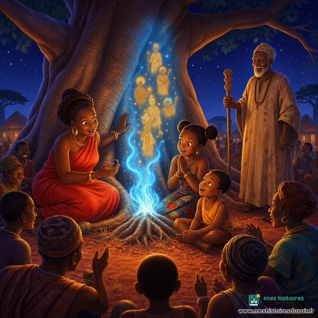 Aminata, femme adulte au visage rond et peau brun chocolat, sourit émerveillée en robe rouge vif, assise au pied d’un énorme baobab en touchant l’écorce et tenant une petite perle noire brillante; une fillette d’environ 8 ans aux couettes et pagne coloré est agenouillée à côté d’elle, mains jointes, regardant une petite flamme bleue qui danse au-dessus des racines et projette des silhouettes d’ancêtres en lueurs dorées; un garçon d’environ 6 ans en débardeur ocre est assis en tailleur, levant les yeux, et un griot âgé en boubou beige, au visage ridé et bâton sculpté, veille en retrait; nuit étoilée sous le baobab, sol de terre rouge, herbe courte, lueur dorée et bleutée dansante, ambiance intime aux contrastes chauds et froids et lumière douce et magique.