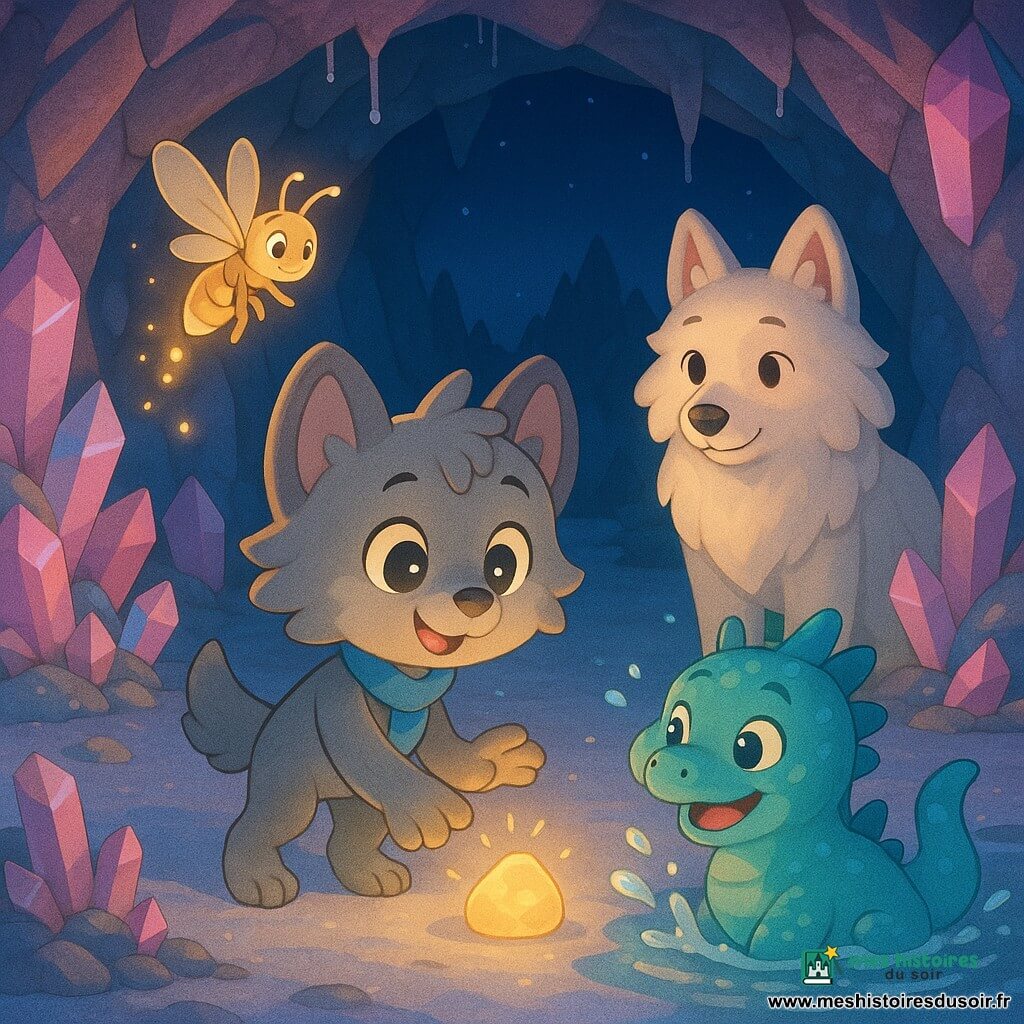 Lila, petite loup-garou au pelage gris et écharpe bleue, touche une pierre lumineuse au centre d'une grotte cristalline nocturne tandis qu'une luciole dorée vole au-dessus, un dragon d'eau bleu-vert éclabousse joyeusement à ses côtés et un grand loup ivoire la protège derrière la pierre ; les murs de cristaux roses et bleus, le sol argenté et la lueur chaude de la pierre créent une ambiance calme, magique et enfantine aux couleurs pastel et contours cel-shading.