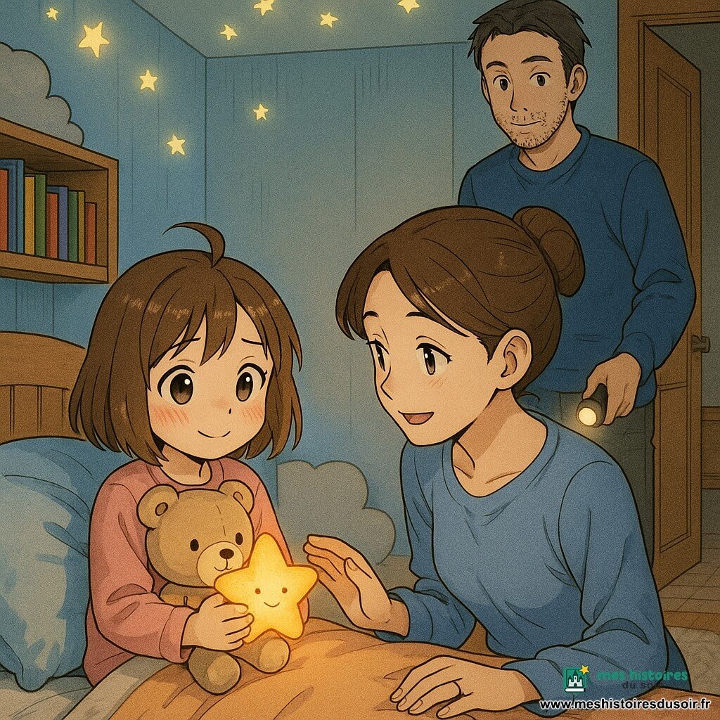Une fillette de 6 ans, timide mais rassurée, tient contre sa poitrine un doudou pelucheux beige et une veilleuse étoile orange chaude tandis que sa mère d'environ 30 ans, agenouillée au bord du lit, la rassure du geste et que le père, vers 35 ans, près de la porte avec une petite lampe torche, observe bienveillant ; la peluche aux yeux cousus est posée comme compagnon protecteur dans une petite chambre chaleureuse aux murs bleu pâle, étagères de livres, coussins nuage, tapis crème et étoiles phosphorescentes au plafond, l'ambiance de coucher est calme et sécurisante avec lumière chaude et ombres douces.