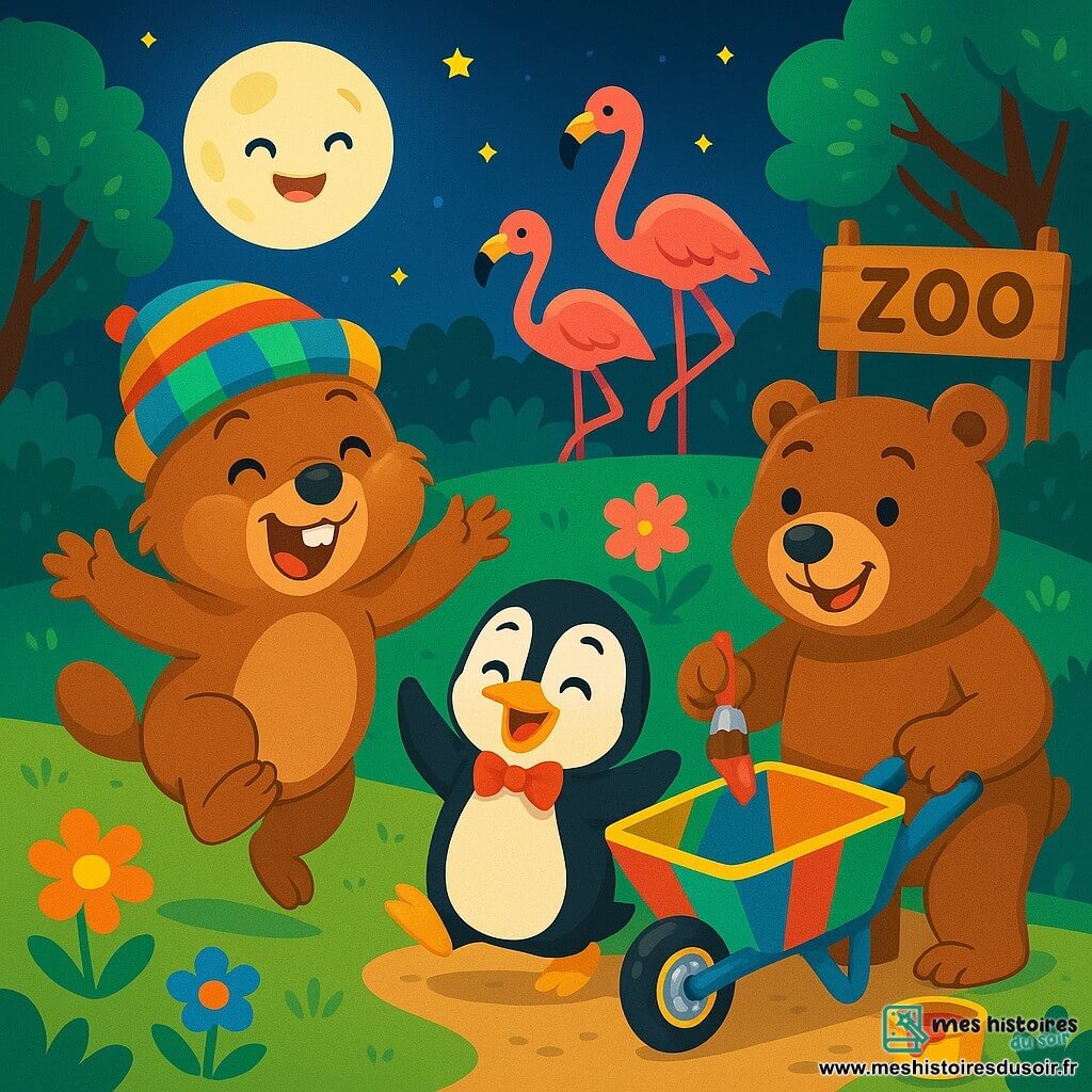 Margotte, une marmotte joyeuse au pelage brun et aux joues rebondies, porte un chapeau rayé coloré et saute de joie, prête pour une aventure nocturne. À ses côtés, Gaston, le pingouin farceur en plumage noir et blanc avec un nœud papillon rouge, rit en agitant ses ailes. Oscar, l'ours costaud au pelage brun, peint une brouette multicolore tout en observant ses amis. La scène se passe dans un zoo magique sous la lune argentée, entouré d'arbres scintillants et de fleurs colorées, avec des flamants roses en arrière-plan. Margotte et ses amis sont prêts pour une course de brouettes, illuminée par la lumière de la lune, promettant rires et surprises.