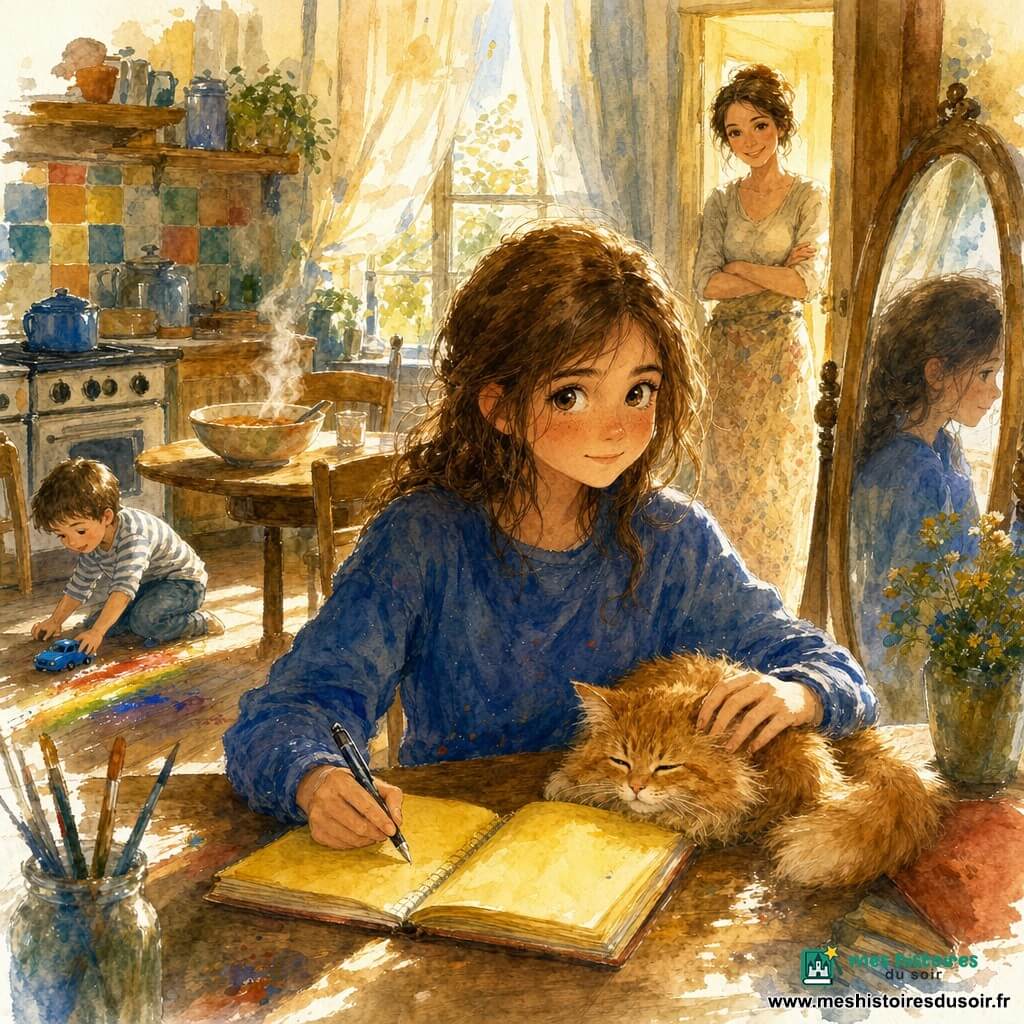 Lina, 12 ans, déterminée mais timide, aux yeux grands et brillants et cheveux châtain mi‑longs, est assise à une table en bois en train d’écrire dans un carnet jaune, une main tenant un stylo, l’autre caressant Pistache, petit chat roux qui ronronne près du carnet; la mère d’environ 35 ans, cheveux attachés, sourit depuis l’embrasure de la porte, mains croisées, lumière chaude sur le visage; le petit frère d’environ 5 ans joue au sol à gauche avec une petite voiture bleue et des traces vives de peinture; la cuisine est chaleureuse — plancher en bois, carrelage coloré, vieille cuisinière, table ronde avec un bol de soupe fumant, miroir ancien reflétant Lina, rideaux légers et lumière dorée du soir — et la scène montre Lina faisant un petit pas de confiance en se préparant devant le miroir avec son carnet, posture hésitante mais visage qui se redresse, composition centrée, contrastes doux et touches d’éclaboussures contrôlées suggérant énergie et douceur.