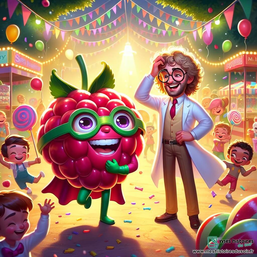 Au centre de l'image, Super Framboise, un homme en costume rouge et vert, rit aux éclats, tenant une framboise géante. À ses côtés, le Dr. Blagousse, un homme d'environ 30 ans en blouse blanche et lunettes rondes, sourit en faisant une blague. En arrière-plan, une fête foraine animée se déroule avec des stands de bonbons, des ballons et des enfants dansant autour d'une pinata coincée dans un arbre. La scène est lumineuse et festive, avec des confettis tombant du ciel. Super Framboise et le Dr. Blagousse essaient de sauver la pinata, entourés d'enfants impatients.