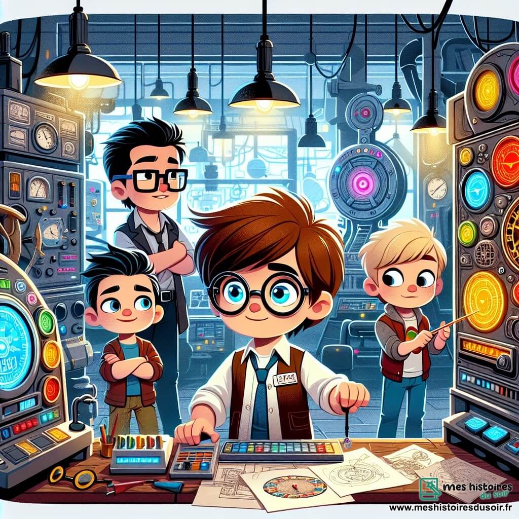 Au centre de l'image, Léo, un garçon de huit ans aux cheveux bruns en bataille et lunettes rondes, admire une grande machine à voyager dans le temps, ressemblant à une horloge géante avec des cadrans colorés et des boutons lumineux. À sa droite, Max, également âgé de huit ans, aux cheveux blonds, pointe un bouton rouge vif avec un grand sourire. À gauche, Tom, aux cheveux châtains et lunettes de soleil sur le front, observe avec curiosité, tandis que Rayan, avec des cheveux noirs et des lunettes carrées, prend des notes sérieusement. Le décor est un atelier d'inventeur rempli de machines étranges, de plans éparpillés et de gadgets colorés, éclairé par des rayons de lumière filtrant à travers des fenêtres poussiéreuses. Les quatre amis sont prêts à activer la machine, impatients de découvrir une époque fascinante, avec des visages exprimant excitation et anticipation.