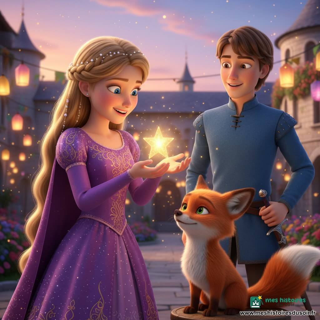 Une princesse d'environ 12 ans aux cheveux blonds tressés tient une petite étoile brillante entre ses mains, visage joyeux, robe violette brodée d'or scintillante ; à côté d'elle, le renard roux Félix à poitrine blanche regarde la lueur avec malice et queue en mouvement ; un prince d'environ 14 ans, en tunique bleue, se tient légèrement en retrait à droite, main sur le pommeau de son épée, sourire tendre ; arrière-plan : cour de château en pierre claire, jardins fleuris, lanternes suspendues, ciel crépusculaire rose et violet parsemé de lucioles ; ambiance chaleureuse et magique, éclairage doux venant de l'étoile, textures lisses et brillantes de style film d'animation 3D, plan moyen rapproché centré sur l'étoile.
