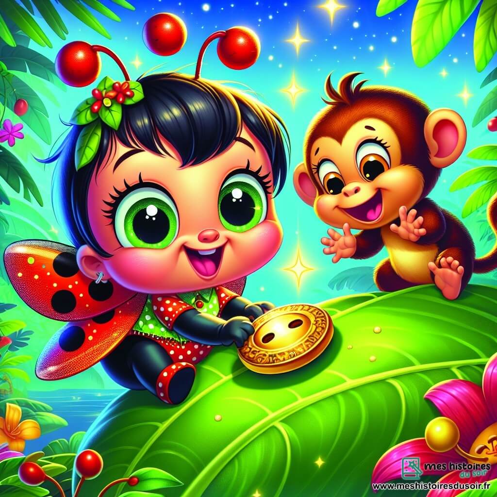 Une coccinelle nommée Lili, avec des ailes rouges à pois noirs, danse joyeusement sur une grande feuille verte, son visage rayonnant de bonheur. À côté d'elle, un singe espiègle nommé Max se balance sur une branche, riant et applaudissant. En arrière-plan, un grand arbre tropical et des fleurs colorées créent une ambiance joyeuse. Lili a découvert un vieux bouton doré scintillant, qu'elle tient fièrement, entourée de ses amis animaux, prêts à célébrer cette trouvaille dans la nuit étoilée.