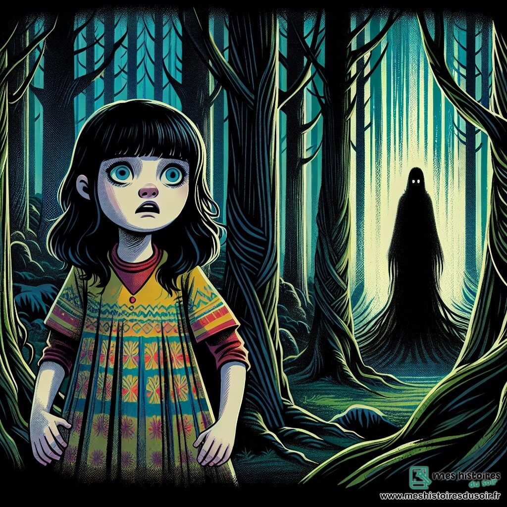 Au centre de l'image, Lila, une fille de 12 ans aux cheveux noirs, se tient face à une silhouette mystérieuse dans la Forêt des Murmures. Elle porte une robe légère aux couleurs vives, contrastant avec l'obscurité environnante. Ses mains tremblent légèrement, mais son regard est déterminé. À l'arrière-plan, l'Entité Silencieuse, floue et indistincte, crée une tension palpable. La forêt, avec ses grands arbres noueux et un léger brouillard, ajoute une atmosphère mystique. Lila, courageuse, se tient dans un cercle de tissu noir, défiant l'Entité qui semble hésiter.