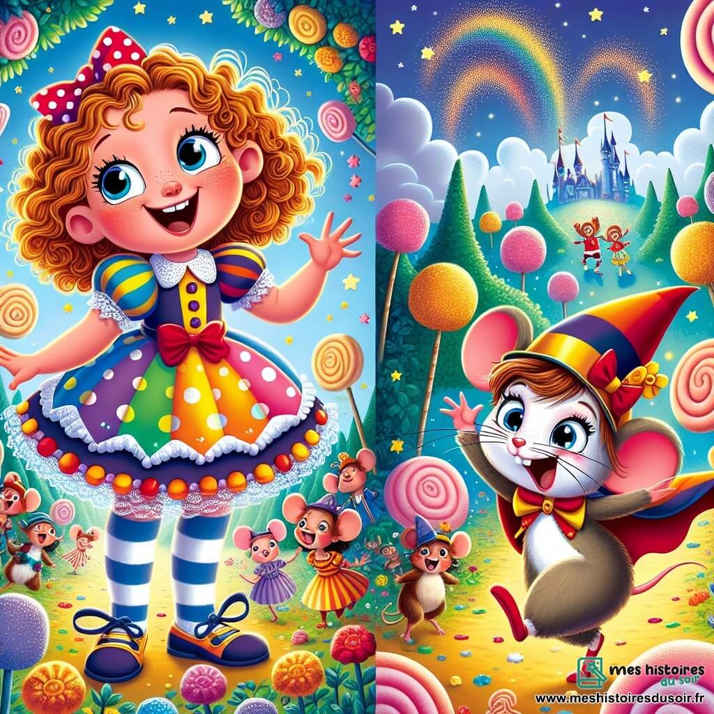 Lucie, une fille de 8 ans aux cheveux bouclés et dorés, porte une robe à pois et des chaussettes dépareillées. Elle sourit émerveillée en dansant dans une forêt magique. À ses côtés, Mina, une petite souris avec une cape rouge et un chapeau en forme de fromage, saute de joie. Le décor est une forêt enchantée avec des arbres en bonbons et des fleurs chantantes, sous un ciel bleu avec des nuages en guimauve. Lucie et Mina dansent avec des animaux loufoques, comme un kangourou clown et un éléphant en tutu, dans une ambiance festive et joyeuse.