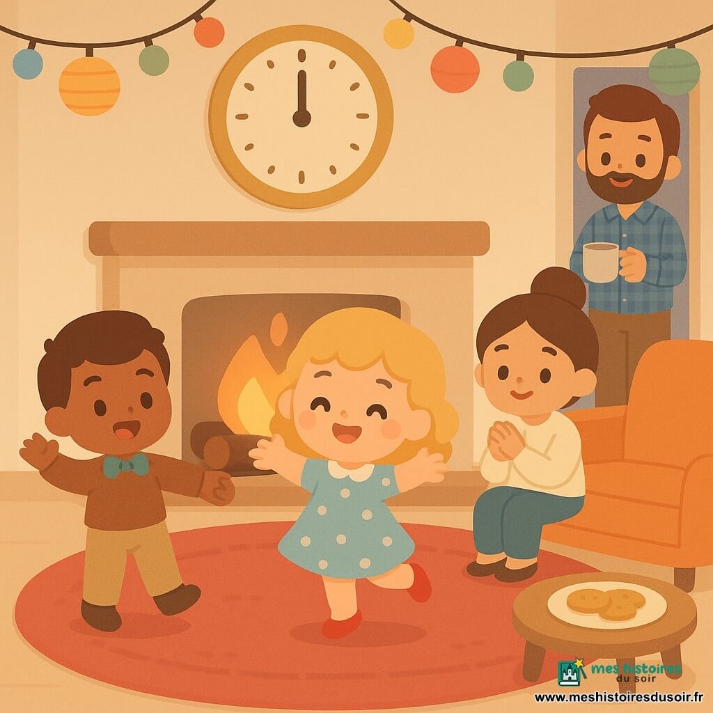 Quatre personnages : Lucie, 7 ans, cheveux blonds bouclés en robe bleu clair à pois blancs et chaussons rouges, fait une pirouette joyeuse au centre devant la cheminée ; Tom, 7 ans, cheveux châtains courts, nœud papillon vert et pantalon beige, tient la main de Lucie et saute à gauche ; Maman, ~35 ans, cheveux bruns en chignon, pull crème, assise à droite applaudissant ; Papa, ~37 ans, barbe légère, chemise à carreaux bleue, debout près de la porte tenant une tasse fumante et souriant. Salon chaleureux et festif : tapis rouge moelleux, grande horloge dorée proche de minuit, guirlandes et lampions suspendus, cheminée allumée, biscuits sur la table basse, lumières douces et ombres rondes. Situation : les enfants dansent ensemble au centre (pas en avant, petit saut, pirouette) avec expressions d'excitation et de fierté, adultes applaudissant en arrière-plan ; style kawaii minimal, couleurs pastel vives, silhouettes simples et contours doux.