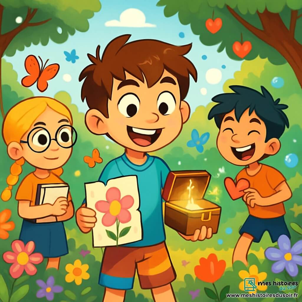 Léo, un garçon de 12 ans aux cheveux bruns en bataille et aux yeux pétillants, se tient dans un jardin enchanté, souriant. Il porte un t-shirt bleu et un short coloré, tenant une carte en forme de fleur et un petit coffret scintillant. À ses côtés, Zoé, une fille de 12 ans aux cheveux blonds tressés et lunettes rondes, l'observe avec admiration, un carnet de croquis dans les bras. Un peu plus loin, Jules, un garçon aux cheveux noirs en désordre, s'apprête à faire une blague avec un cœur en papier. Le jardin est magique, rempli de fleurs multicolores, de papillons et d'arbres ornés de cœurs scintillants. Au fond, une cascade brille sous le soleil. Léo découvre un secret dans le jardin, prêt à offrir des cartes de Saint-Valentin à ses amis, tandis que des bulles parfumées flottent dans l'air, créant une atmosphère joyeuse et amicale.