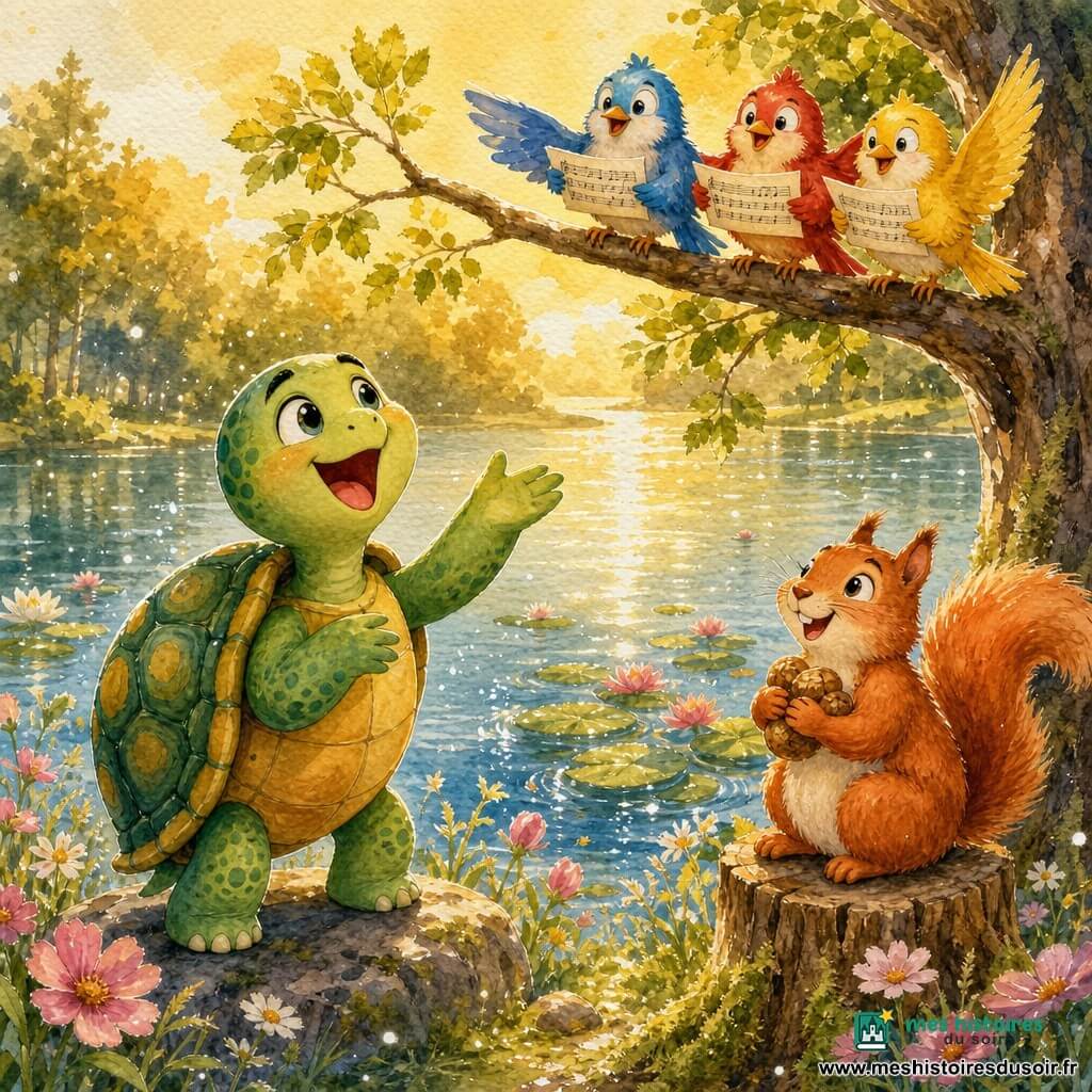 Une tortue ronde et joviale nommée Tim, carapace vert émeraude à taches jaunes, yeux brillants, chante au bord d'un lac magique; un écureuil roux, noisettes en pattes, l'admire depuis une souche, et trois petits oiseaux colorés (bleu, rouge, jaune) perchés sur une branche tiennent une partition pour l'accompagner; rives couvertes de fleurs roses et blanches, nénuphars, arbres moussus et lumière dorée de fin d'après-midi, ambiance chaleureuse et festive avec animaux en demi-cercle, bulles et petites éclaboussures autour des nénuphars.