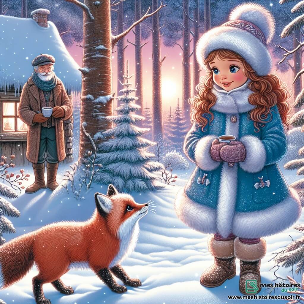 Élisa, une petite fille de 9 ans, se tient au milieu d'une forêt enneigée, souriante et émerveillée. Elle porte un manteau bleu ciel, des bottes fourrées et des gants en laine, ses cheveux châtains bouclés dépassant de son bonnet. Elle observe un renard au pelage roux qui s'approche d'elle, tandis que des flocons de neige tombent autour d'eux. Près d'une cabane en bois, Monsieur Bernard, un homme de 70 ans, sourit à Élisa en tenant une tasse de thé fumant. Le décor est magique, avec des sapins chargés de neige et un ciel rose et orange. Élisa fait la connaissance du renard, tandis que Monsieur Bernard les observe, prêt à partager des histoires sur l'hiver.