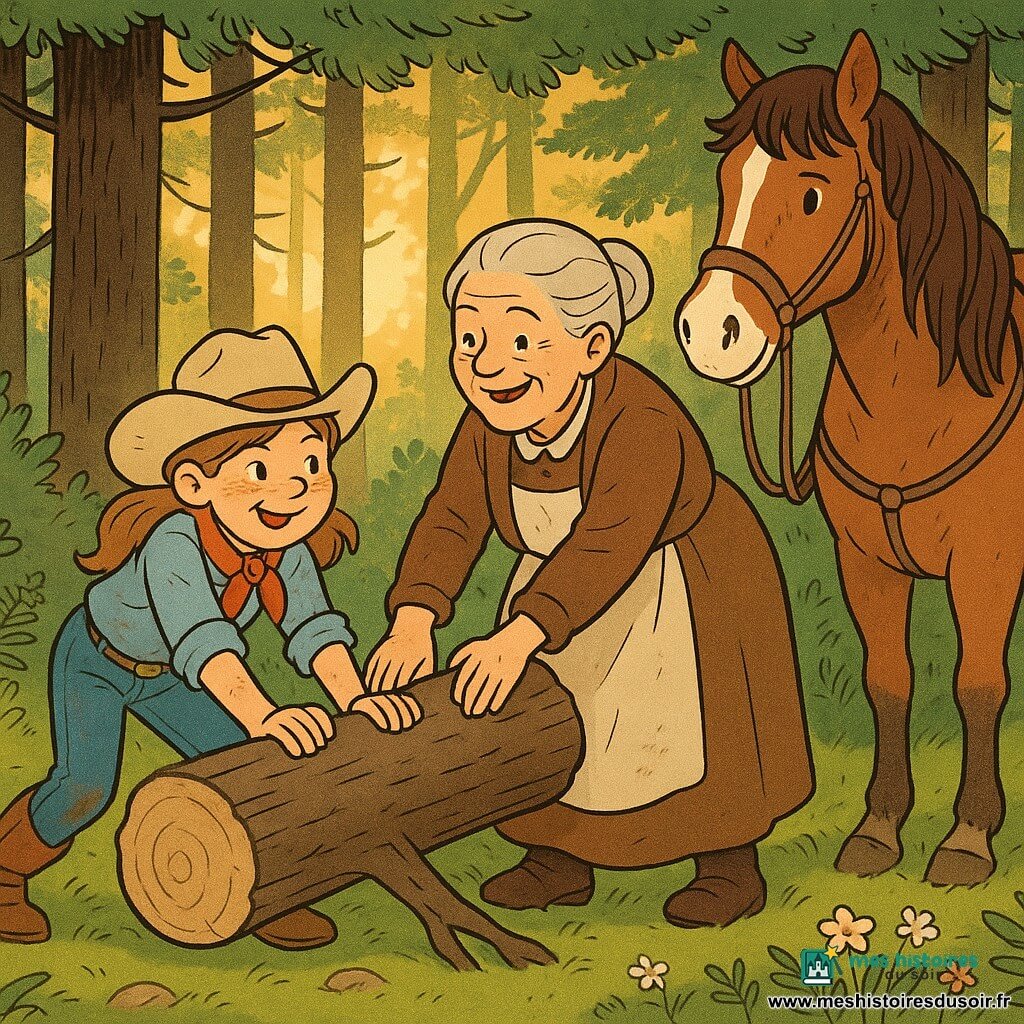 Lily, environ 12 ans, visage rond et tacheté de soleil, chapeau de cow-girl beige, chemise denim claire, foulard rouge et bottes en cuir, pousse un tronc tombé; Mère Jones, ~75 ans, cheveux gris en chignon, manteau marron et tablier, l'aide en poussant à côté d'elle avec un sourire courageux; le cheval Biscuit, robuste, robe brun-roux avec une fine liste blanche et selle usée, attend à côté; à la lisière d'une forêt de pins baignée de lumière dorée, mousse, fougères et fleurs sauvages, elles dégagent le chemin en synchronisant leurs gestes, riant, avec quelques traces de terre sur leurs vêtements et une atmosphère chaleureuse et courageuse.