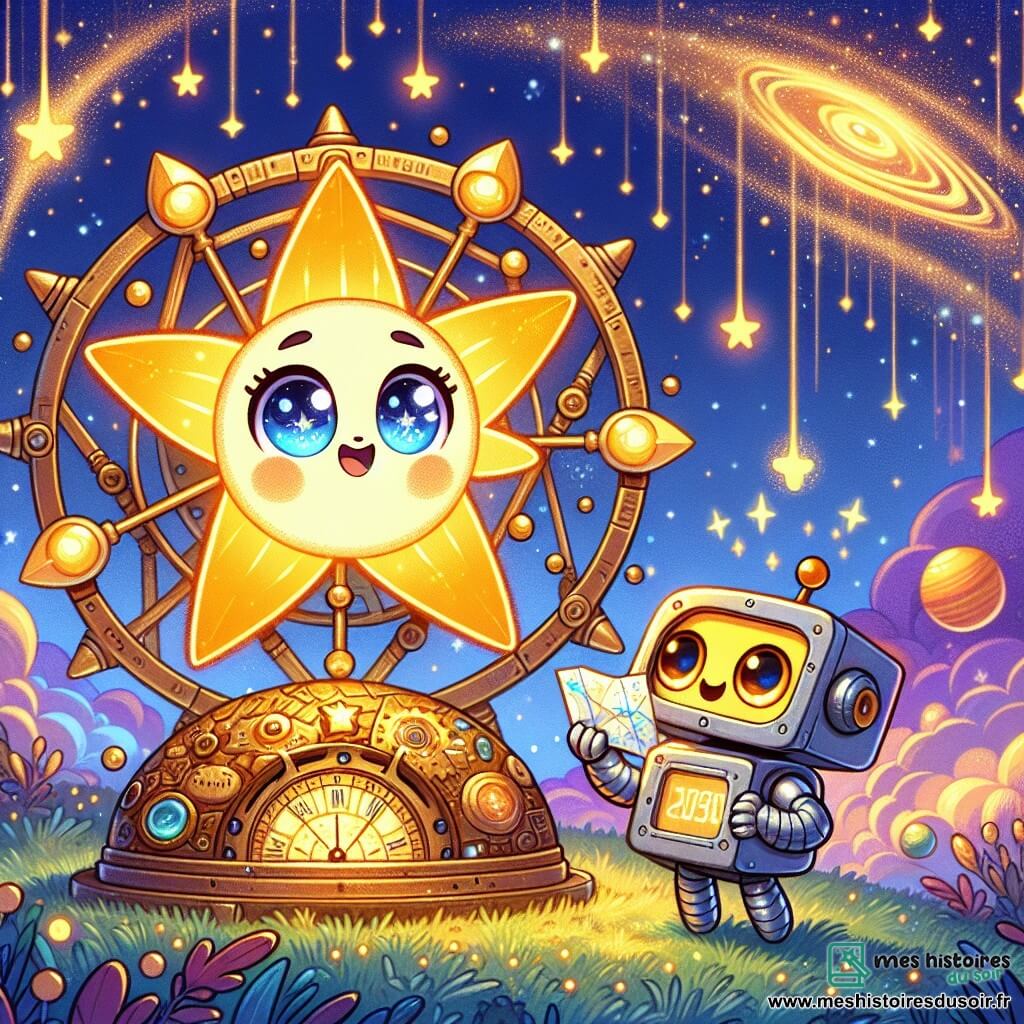 Luma, une petite étoile brillante avec des yeux pétillants et un sourire radieux, flotte joyeusement dans l'air, entourée de scintillements dorés. À ses côtés, TicTac, un petit robot aux lumières clignotantes et au corps en métal argenté, la regarde avec amitié, tenant une carte du temps. La scène se déroule dans un paysage magique avec un ciel étoilé, des planètes colorées et une machine à remonter le temps ornée de rouages dorés. Luma et TicTac se tiennent devant la machine, prêts pour une nouvelle aventure à travers le temps, leurs visages rayonnants d'enthousiasme.