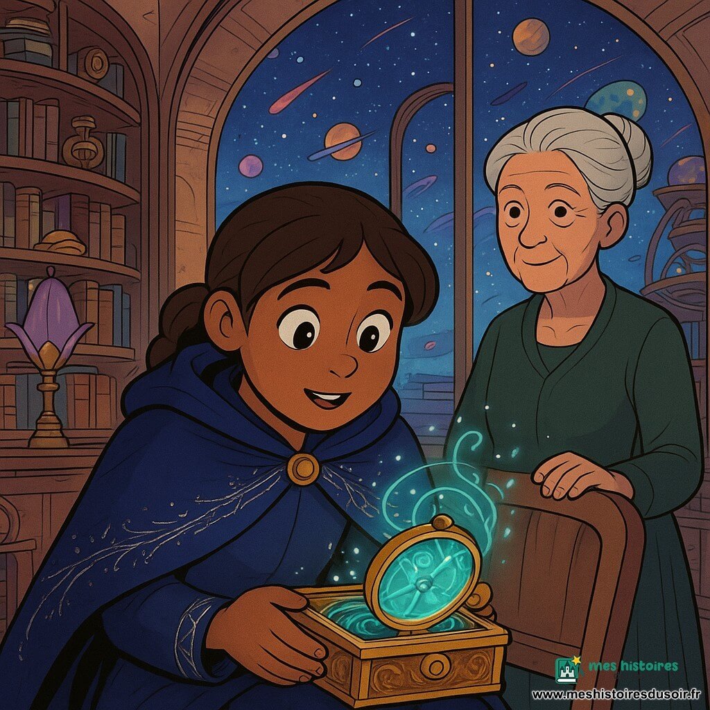 Lyra, exploratrice au visage rond et aux yeux brillants, émerveillée et déterminée, porte une cape bleu nuit brodée d'argent et tient sur ses genoux un petit coffret doré ouvert dont une boussole en verre émane une lueur turquoise vibrante; derrière elle, la Directrice, femme d'environ 70 ans aux cheveux gris en chignon et au regard doux et mystérieux, pose la main sur le dossier d'une chaise en l'observant calmement; en arrière-plan, le vaisseau Pétale-Éclipse, silhouette organique de métal aux ailes repliées et néons violets, est amarré au quai d'une immense bibliothèque suspendue dans le ciel, aux baies circulaires, étagères en spirale garnies de livres et d'astrolabes et lampadaires en forme de fleurs de métal, le tout sous un ciel étoilé constellé de comètes et de planètes, la scène centrée sur la magie mécanique du coffret, les fils d'argent scintillant de la cape et les textures détaillées (métal poli, verre scintillant, tissu brodé) dans un style à lignes claires et couleurs saturées.
