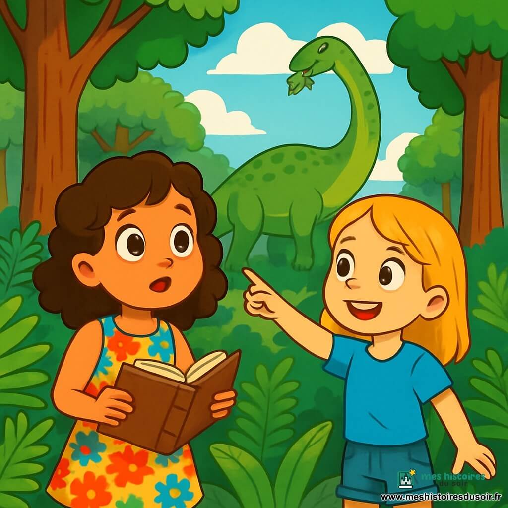 Deux personnages principaux : Zoé, une fille de 8 ans avec des cheveux bruns et bouclés, portant une robe à fleurs colorées, tenant un carnet ancien, et Jade, une fille de 8 ans avec des cheveux blonds et lisses, en t-shirt bleu et short en jean, souriant et pointant un grand diplodocus au loin. L'histoire se déroule dans une forêt préhistorique luxuriante, avec des fougères géantes et des arbres immenses. Le ciel est bleu avec des nuages blancs, et au fond, un diplodocus mange paisiblement des feuilles. Zoé et Jade découvrent émerveillées le monde des dinosaures, entourées de plantes géantes, tandis que le diplodocus les observe.