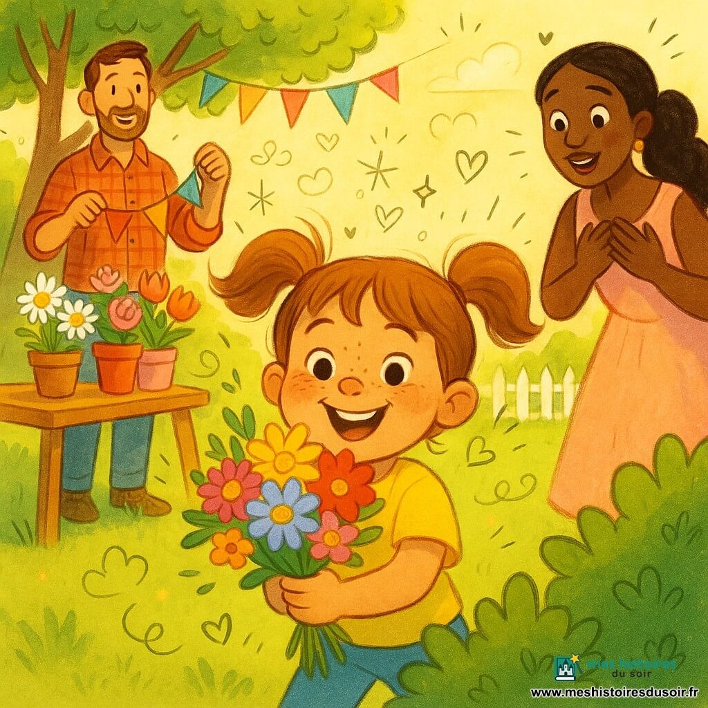 Fille de 4 ans, visage rond et taches de rousseur, châtain clair en couettes, sourire malicieux, sort d'un buisson en tenant un bouquet coloré; père (~35 ans) à la barbe douce, chemise à carreaux, près d'une table en bois décorée tenant une guirlande et regardant bienveillant; mère (~32 ans) cheveux longs attachés, robe pastel, surprise, mains au cœur et regard ému; jardin ensoleillé du matin avec pelouse verte, table à pots de marguerites, roses et tulipes, arbre à guirlandes colorées et petite clôture blanche; ambiance joyeuse et tendre, ciel bleu doux, textures tissu et bois visibles; composition centrée sur la fille surprenant sa mère, léger gros plan sur le bouquet, père en arrière-plan à gauche; palette vive et chaude, traits doux aux contours légèrement crayonnés, petits doodles de cœurs et d'étoiles autour.