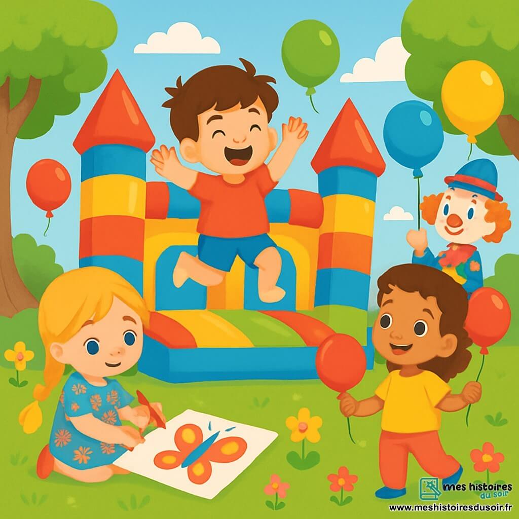 Trois personnages sont présents : Léo, un garçon de 6 ans aux cheveux bruns en désordre, en t-shirt rouge et short bleu, qui saute sur un château gonflable ; Mia, une fille de 5 ans avec de longs cheveux blonds tressés, vêtue d'une robe à fleurs, dessinant un papillon sur l'herbe ; et Zoé, une fille de 4 ans aux cheveux bouclés châtains, en t-shirt jaune et pantalon rose, tenant un ballon. L'action se déroule dans un parc ensoleillé avec des fleurs et des arbres, où un grand château gonflable et un clown distribuant des ballons ajoutent à l'ambiance joyeuse. Les enfants s'amusent ensemble, entourés de rires et de ballons flottants.