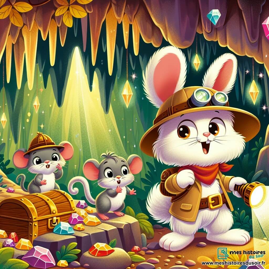 Dans une forêt magique, Léo, un petit lapin au pelage blanc et aux grandes oreilles, porte un chapeau d'explorateur et sourit avec excitation en tenant une lampe de poche qui éclaire les murs d'une grotte. À ses côtés, Mia, une petite souris grise aux grands yeux brillants, regarde émerveillée, et Tom, un écureuil au pelage roux, grimpe sur une pierre, prêt à découvrir un trésor. La grotte est mystérieuse, avec des murs scintillants de pierres magiques et des stalactites. Léo et ses amis viennent de trouver une carte au trésor et s'apprêtent à ouvrir un coffre ancien rempli de bonbons colorés, affichant surprise et bonheur.